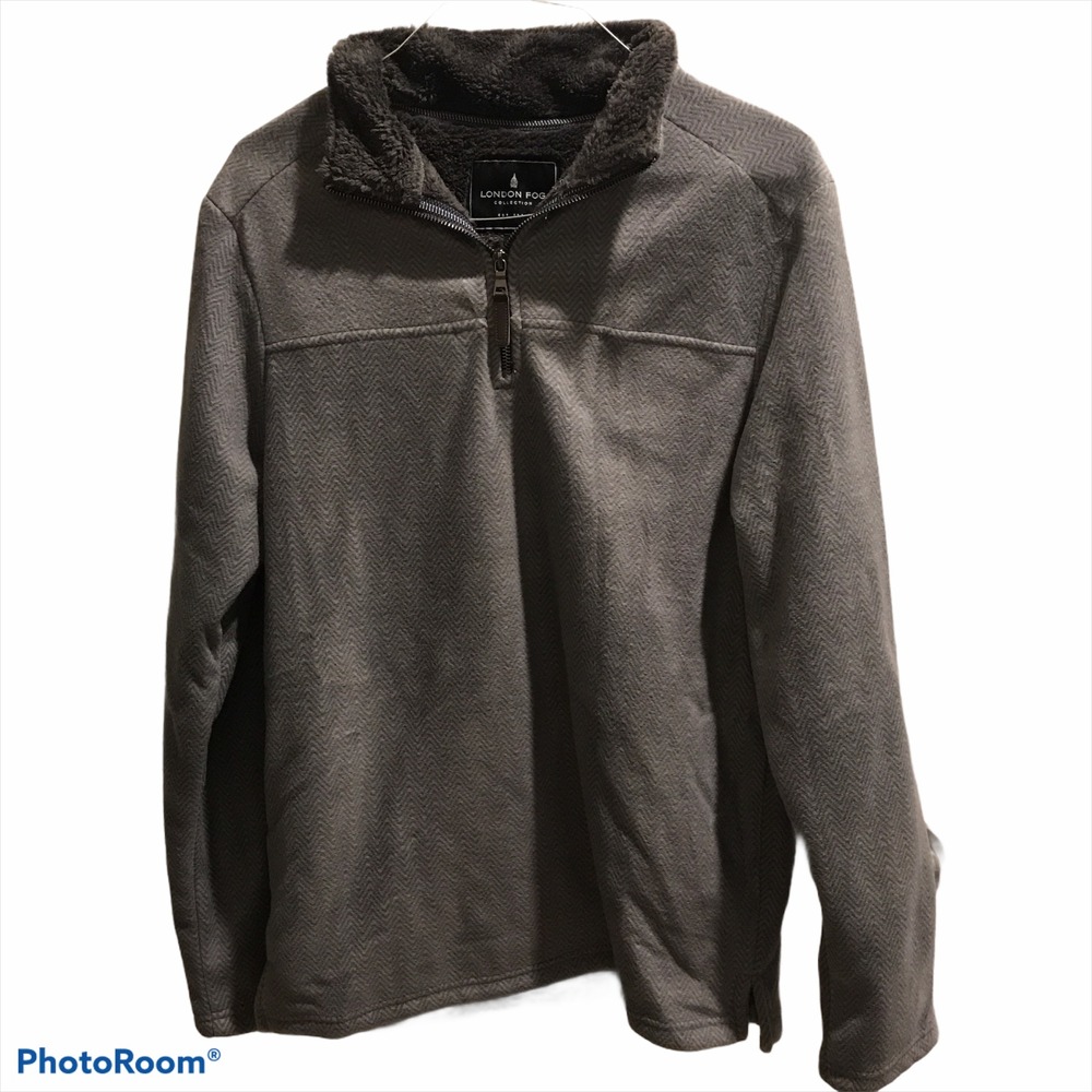 London Fog Fleece Quarter Zip Pullover Medium Grey Excellent Herringbone Texture
